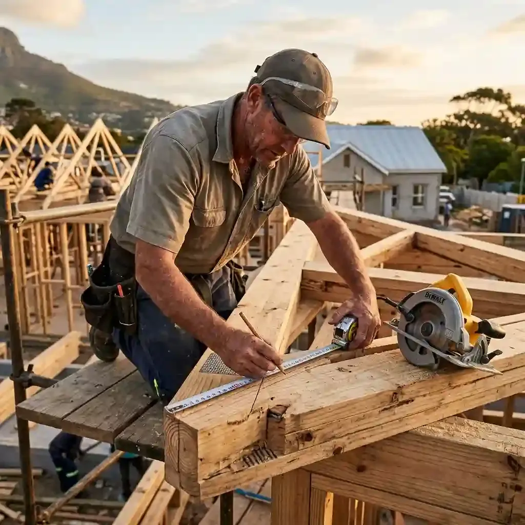 Carpenter measuring and cutting timber roof trusses on a construction site