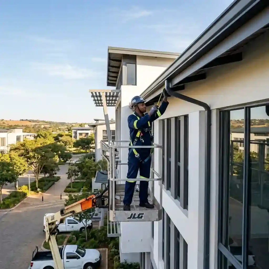 Maintenance technician inspecting the exterior of a modern commercial building