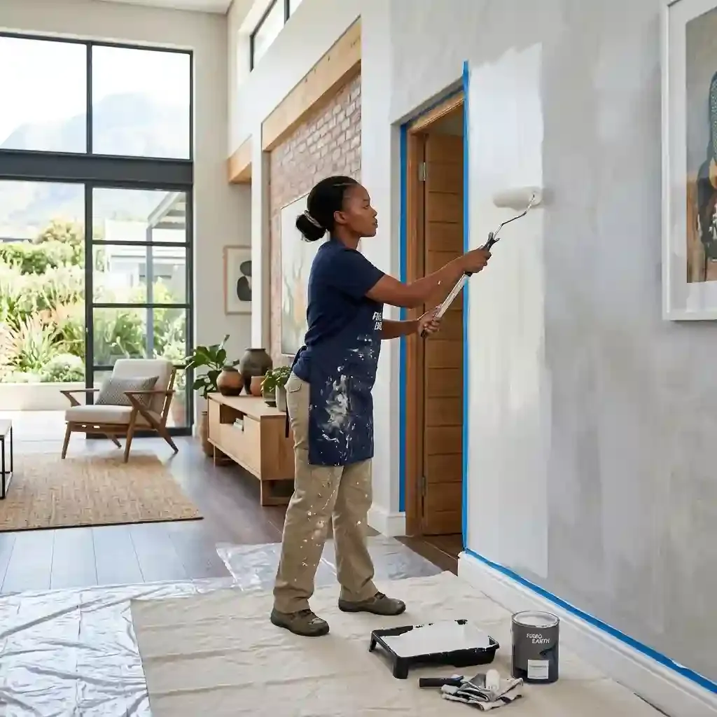 Painter applying fresh white paint to an interior wall with a roller