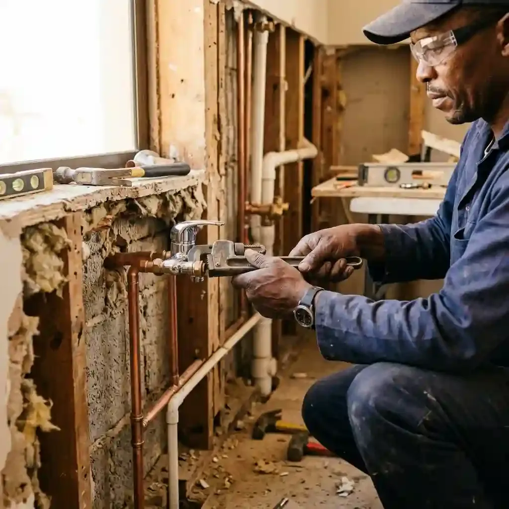 Plumber installing copper piping during a residential construction project