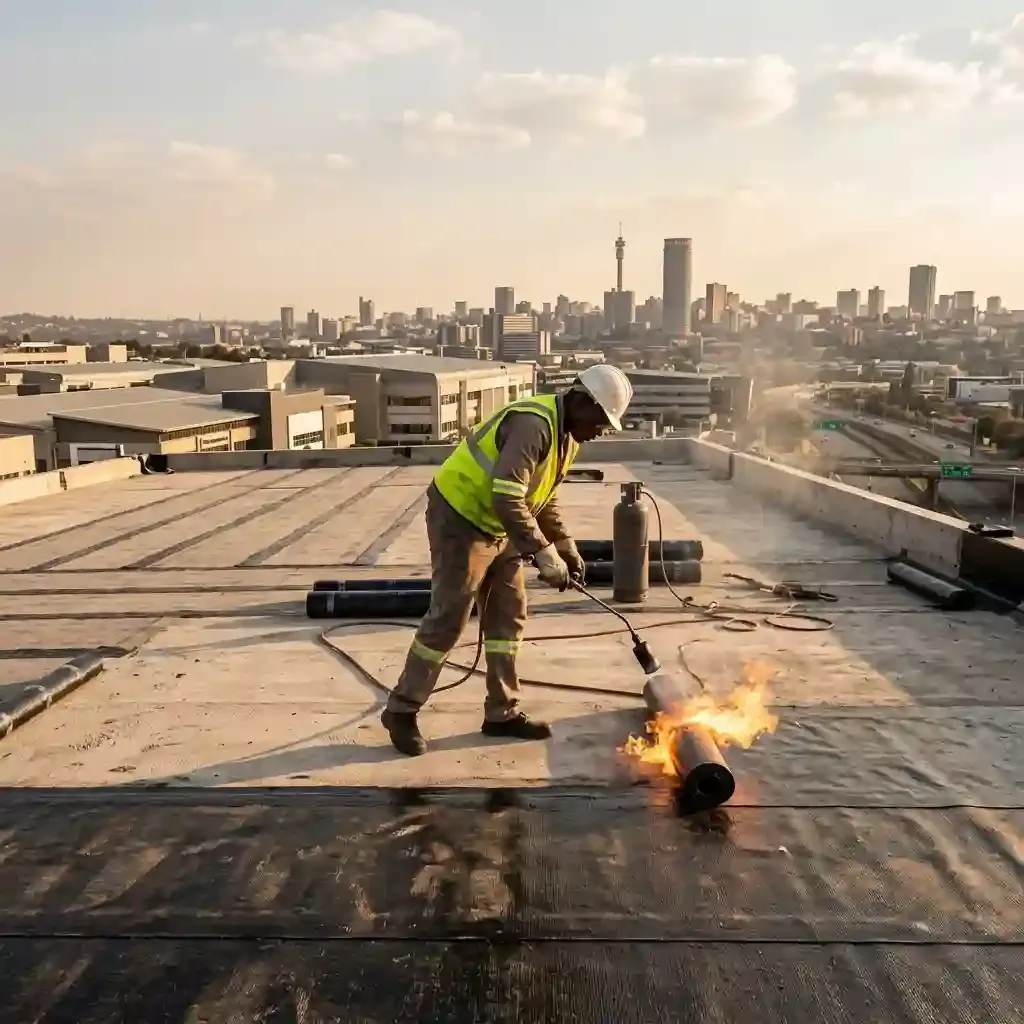 Worker applying torch-on waterproofing membrane to a flat concrete roof