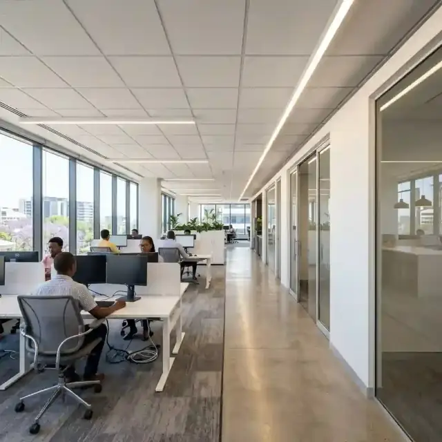 Modern office with clean drywall partitions and suspended ceilings