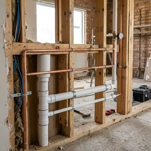 Professional plumbing pipe installation on a construction site