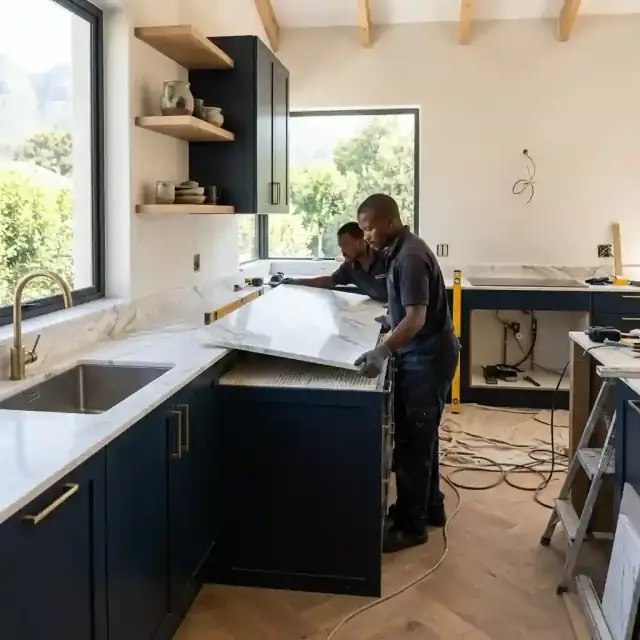 Modern kitchen renovation with marble countertops