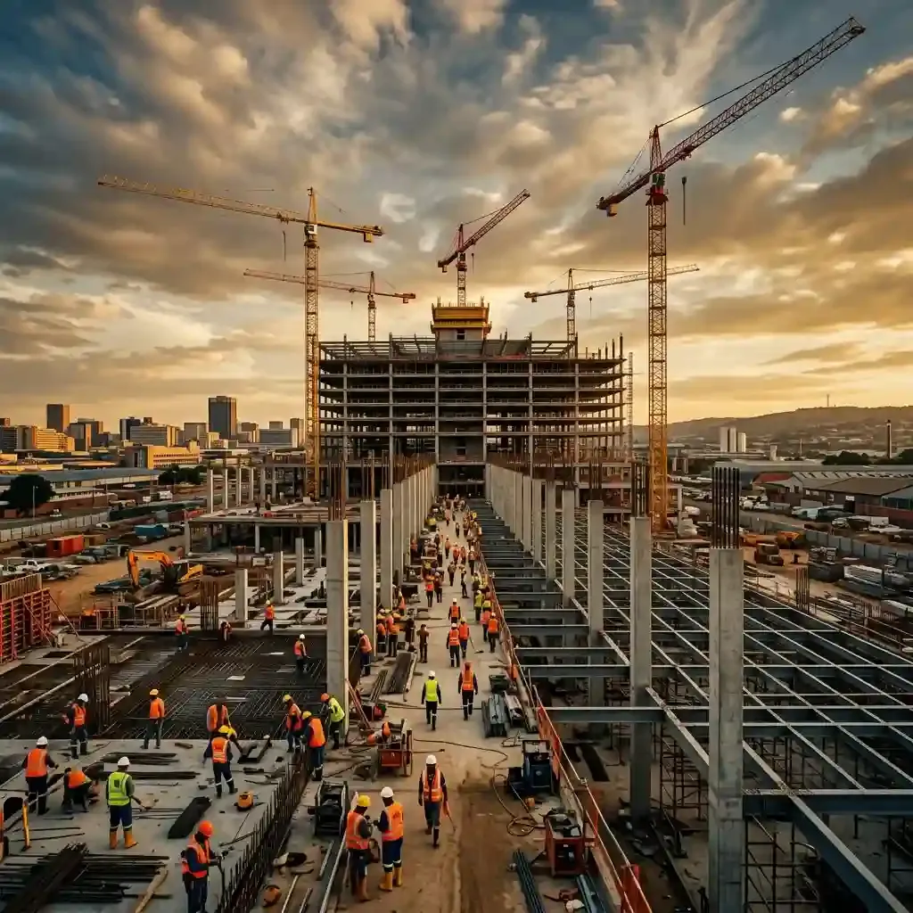 Large-scale construction site with cranes and steel framework